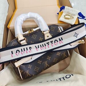 Louis Vuitton Brown Monogram Satchel with Beige and Pink Logo Strap